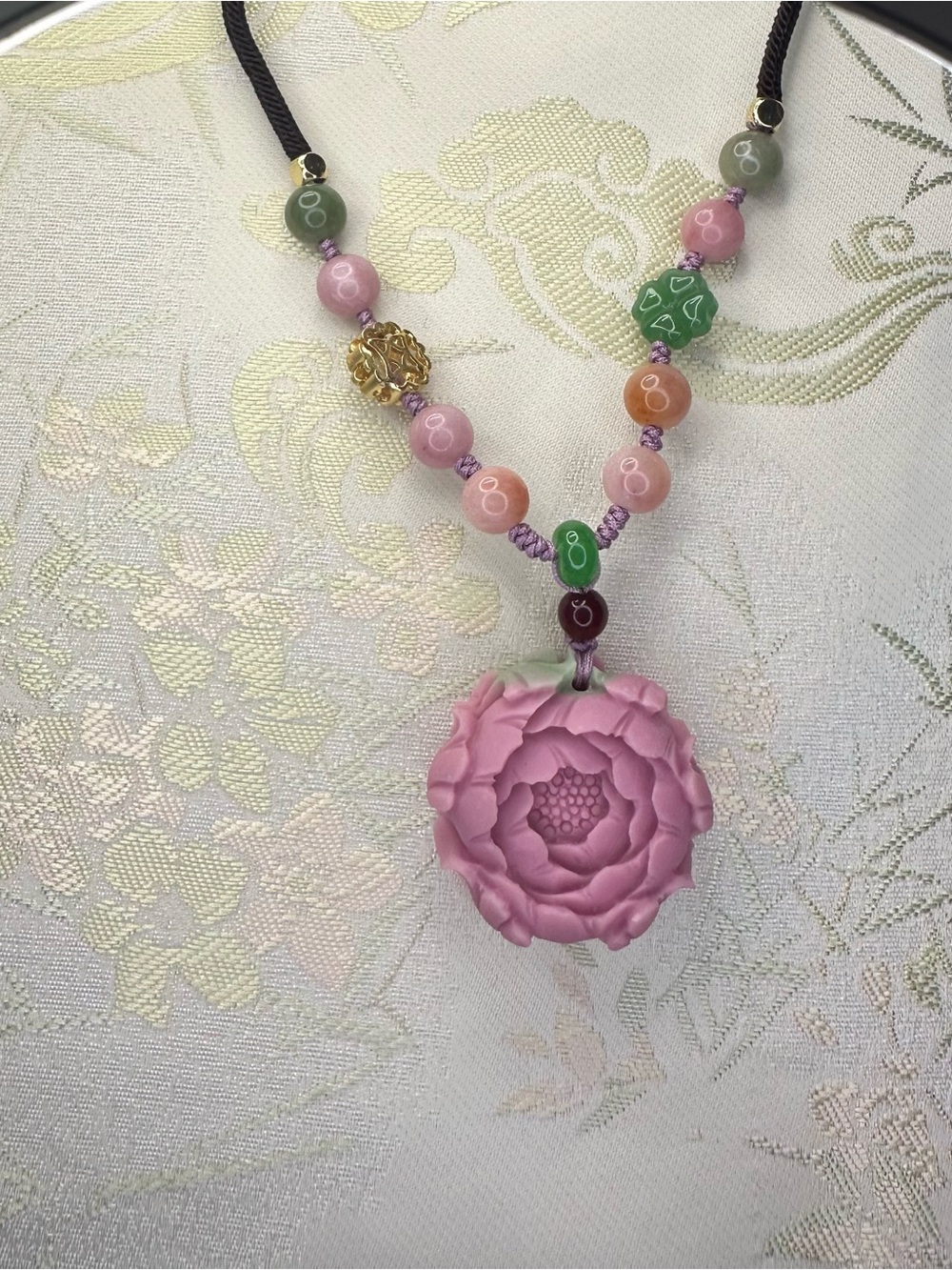 Pink YanYuan Agate carving peony pendant necklace